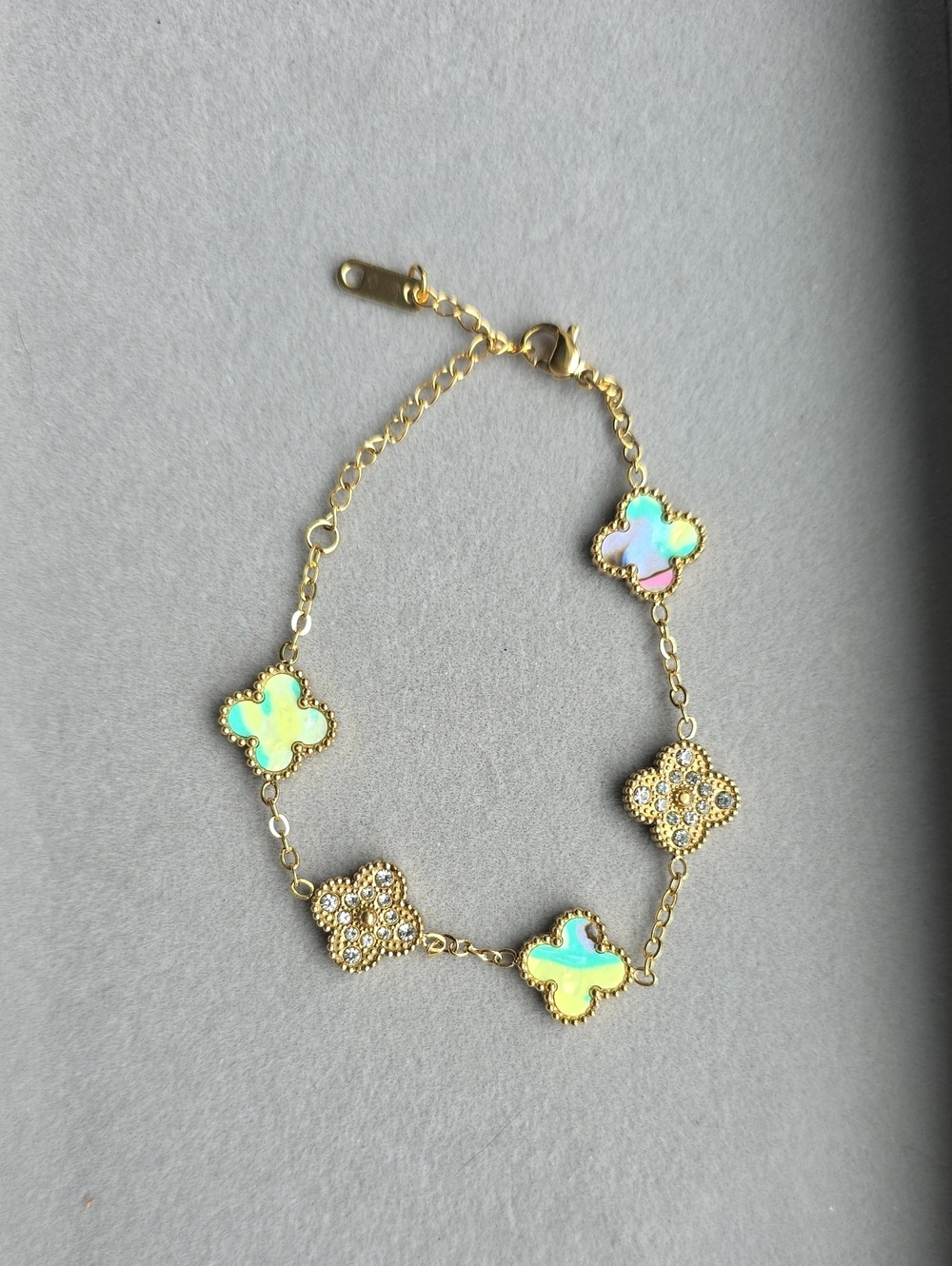 Gold Clover Bracelet with Iridescent Opal Accents